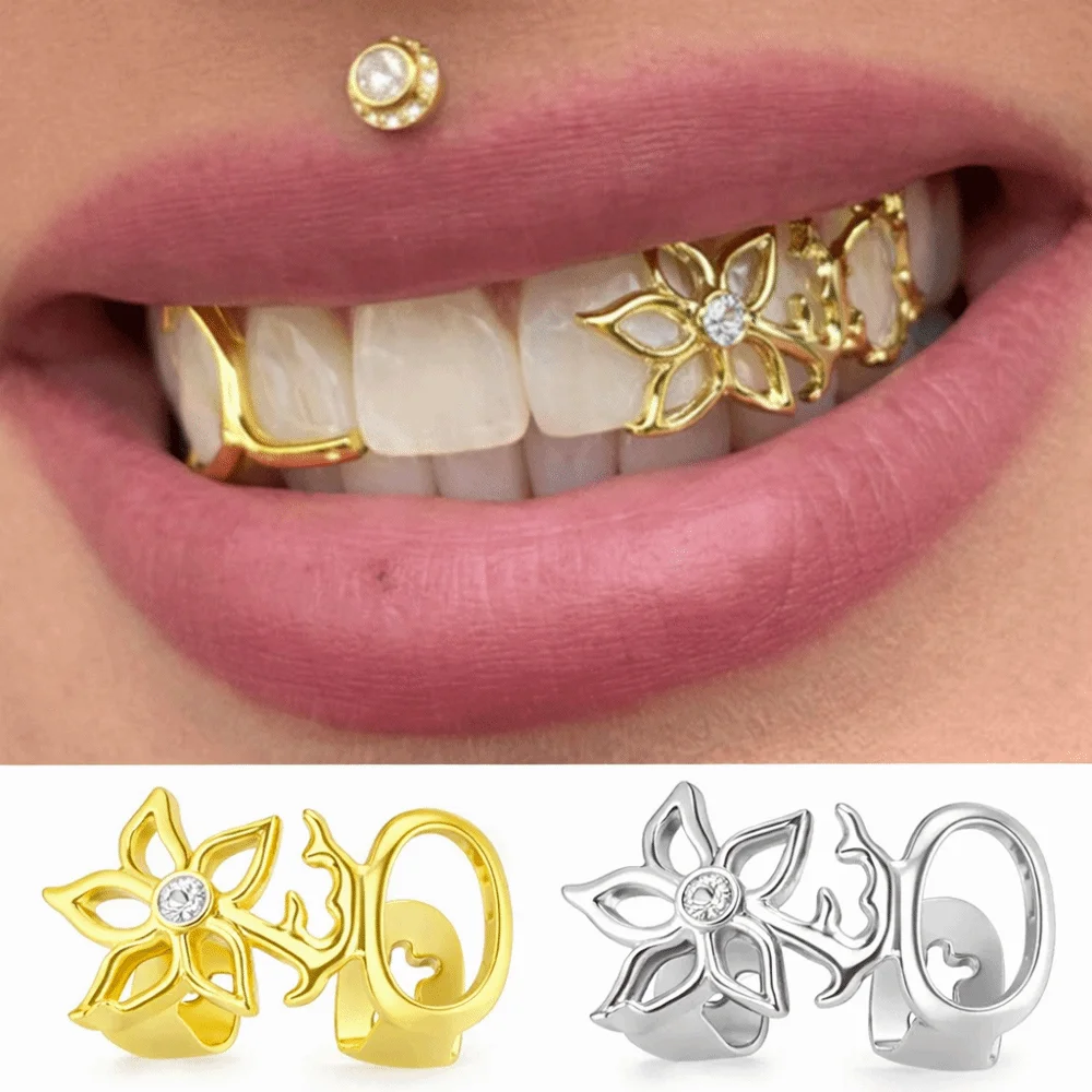 Rejillas dentales brillantes para cosplay con flor en varios tonos - imagen 3