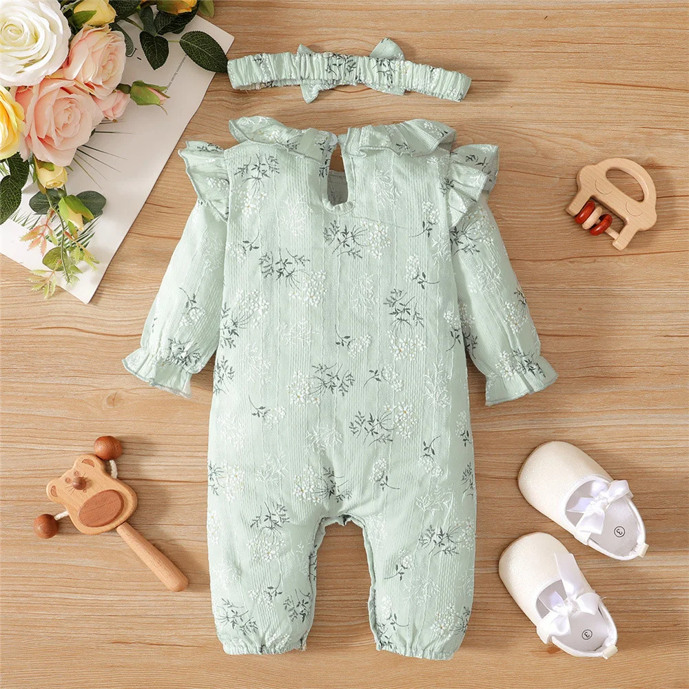 Conjunto de bebé de mono con volantes florales y diadema lazo - imagen 2