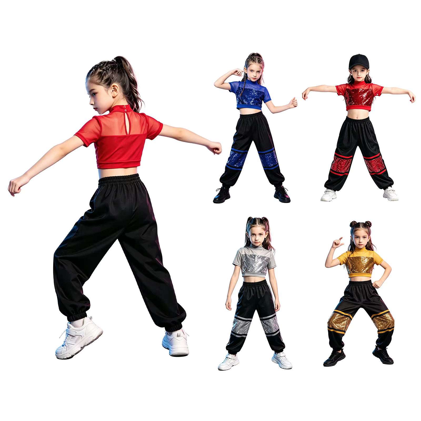 Conjunto de baile hip hop para niñas con top de malla y cargo - imagen 4