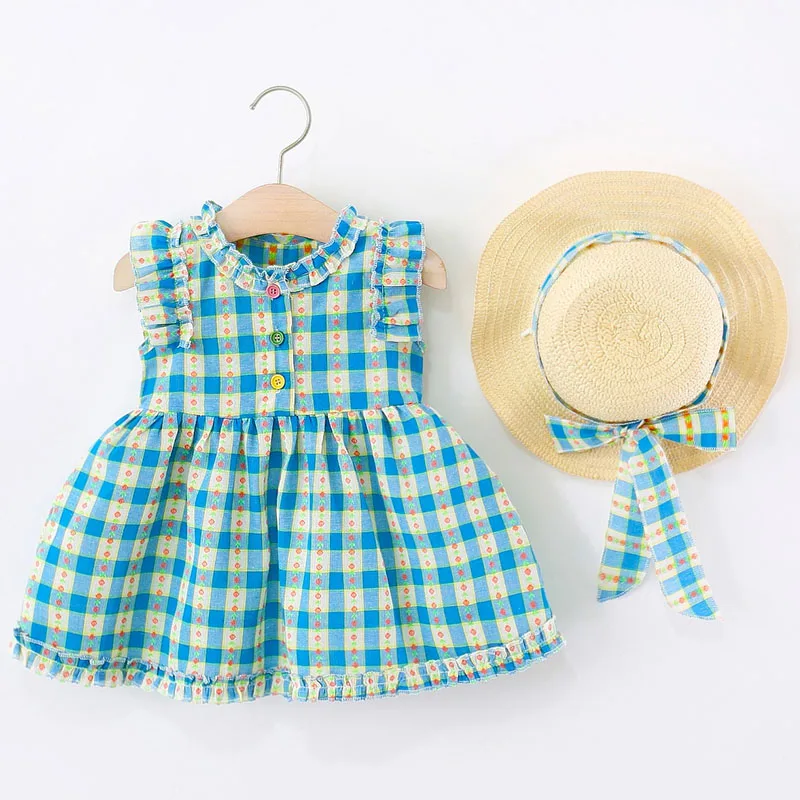 Conjunto vestido princesa a cuadros de verano para bebé con sombrero - imagen 3