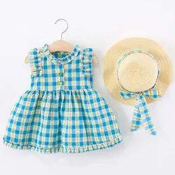 Conjunto vestido princesa a cuadros de verano para bebé con sombrero