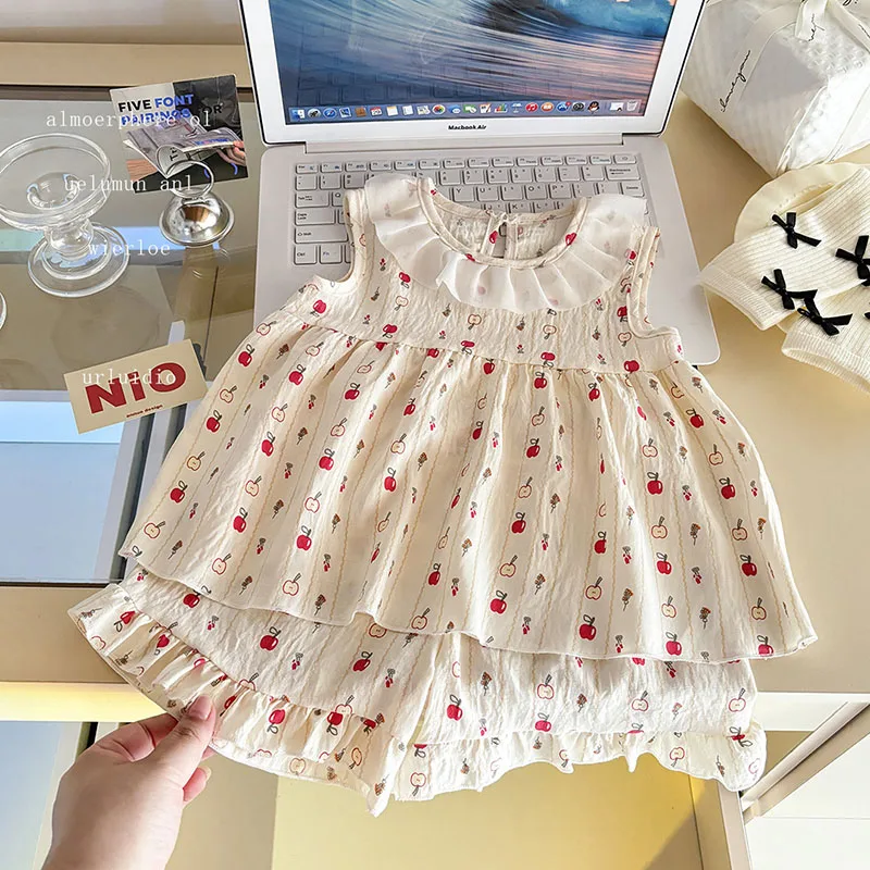 Conjunto de verano para niñas con camisa sin mangas de encaje - imagen 2