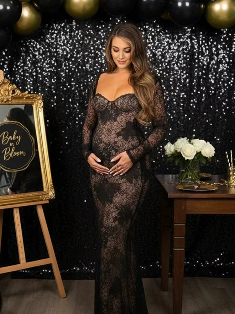 Vestido de maternidad de encaje negro manga larga para sesión - imagen 5