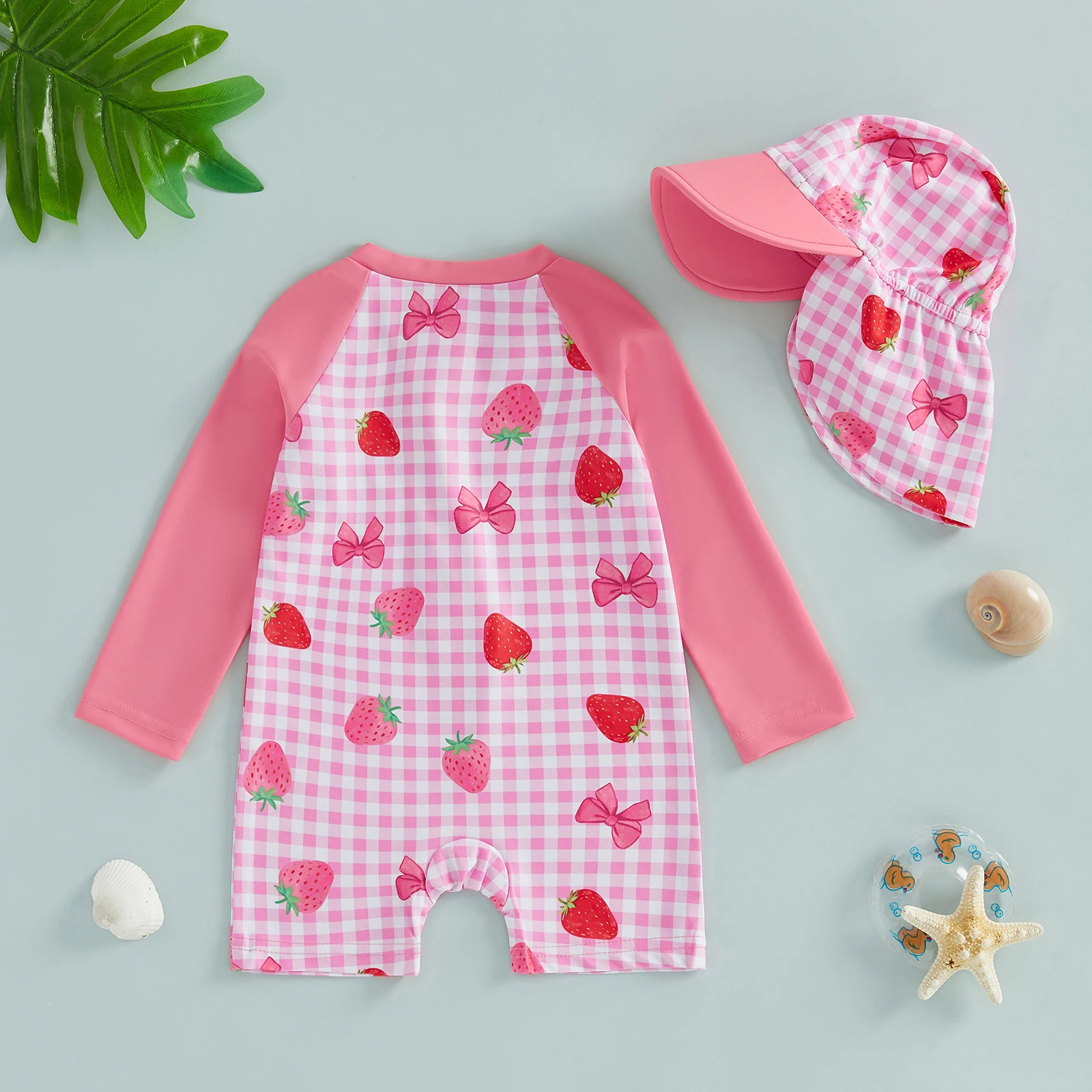 VISgogo traje de baño para niña manga larga con sombrero fresa - imagen 5