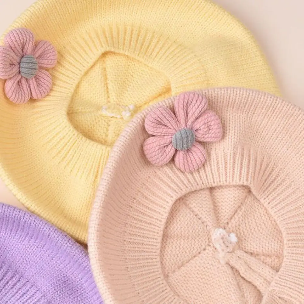 Gorro boina de punto cálido con flores para niña, estilo princesa - imagen 5