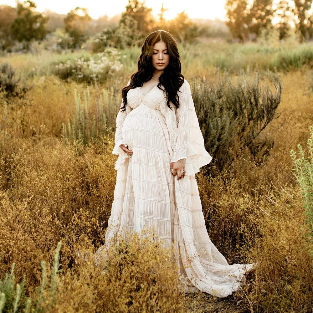 Vestido maternidad bohemio plisado de gasa y tul para sesión de fotos - imagen 5