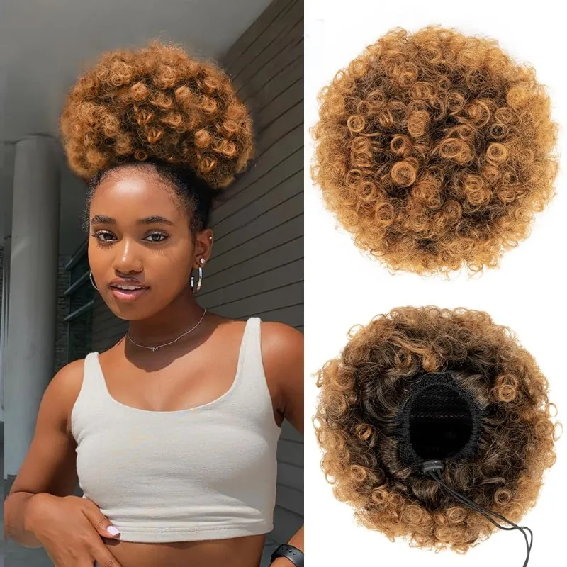 Extensión de pelo afro tipo moño puff con cordón ajustable - imagen 2