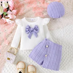 Conjunto de niña con lazo de algodón, pantalón a cuadros y gorro