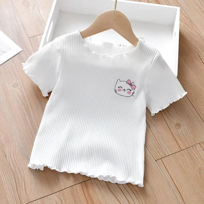 Camiseta manga corta bordada para niñas con volante suave verano - imagen 4