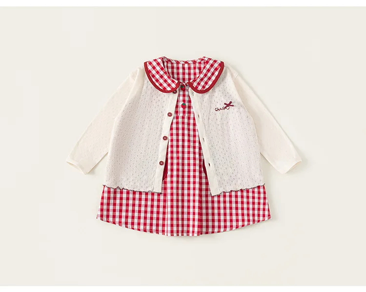 Conjunto de cárdigan a cuadros y vestido para niña