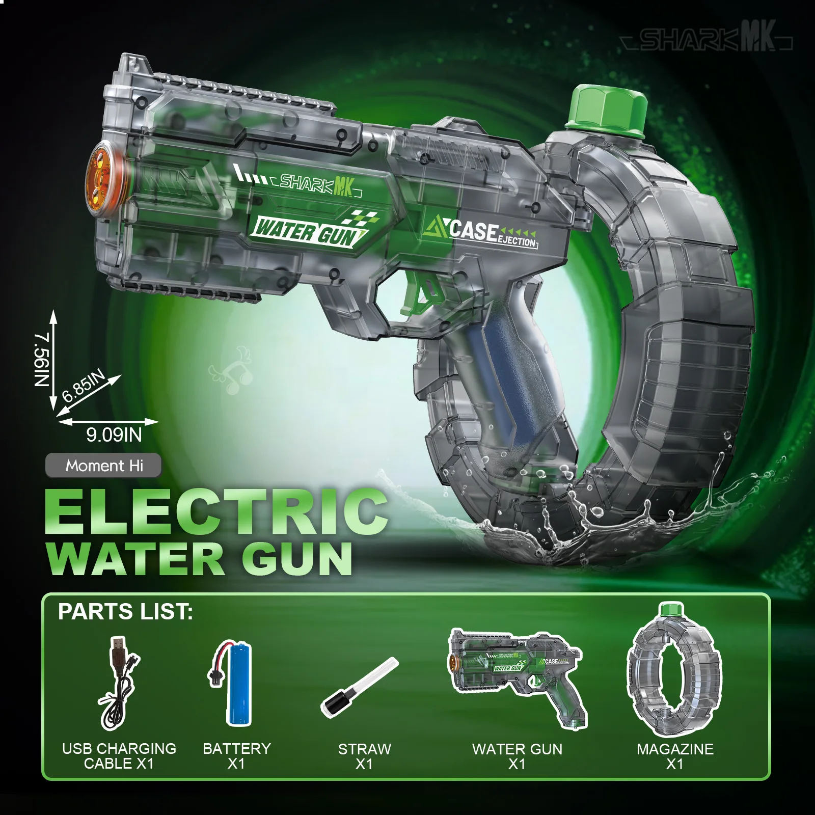 Pistola de agua eléctrica espacial: ráfagas automáticas LED