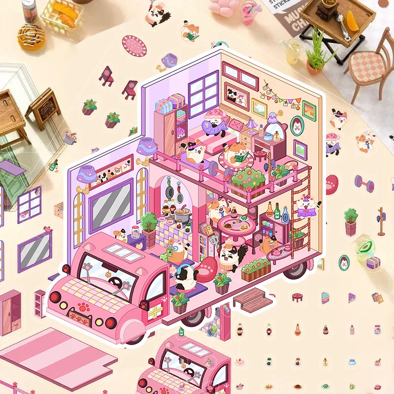 Pegatina 3D de gato en mini caravana para habitación infantil - imagen 4