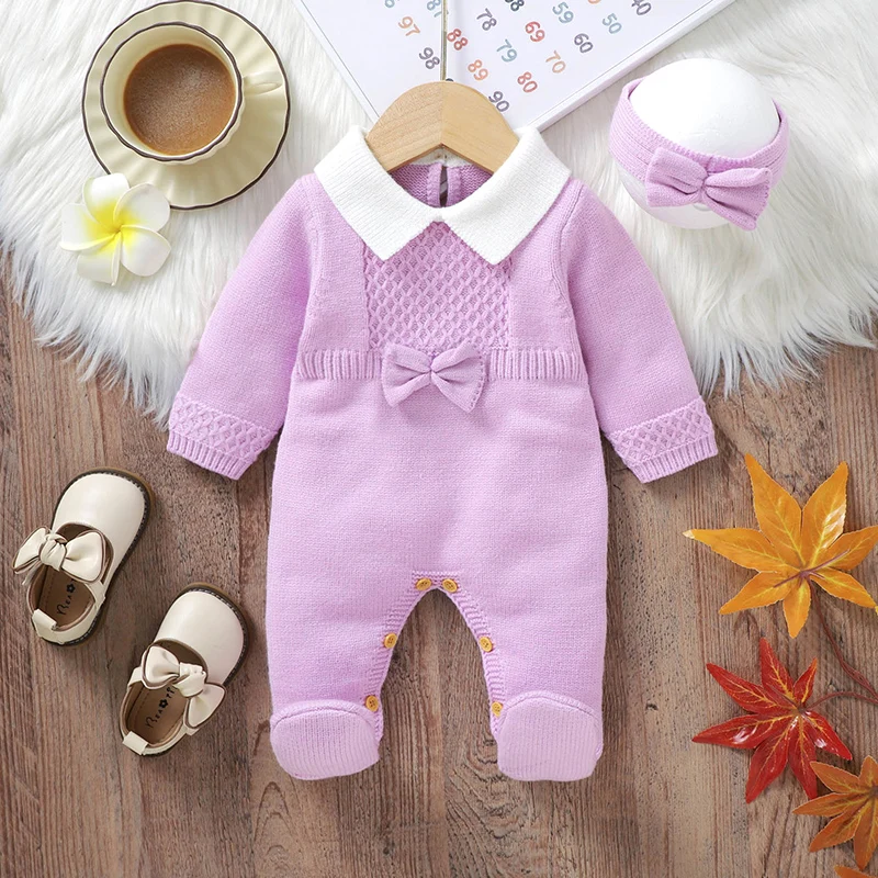 Pelele de invierno para recién nacida con cuello vuelto morado - imagen 2