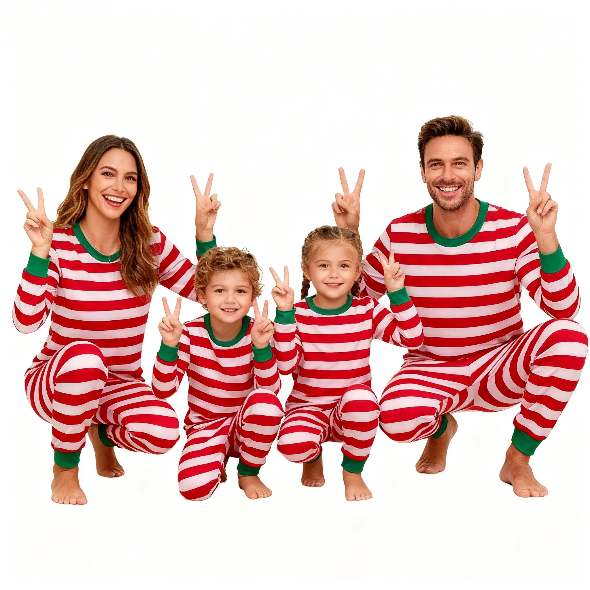 Pijamas navideños familiares a rayas rojas y blancas manga larga - imagen 2