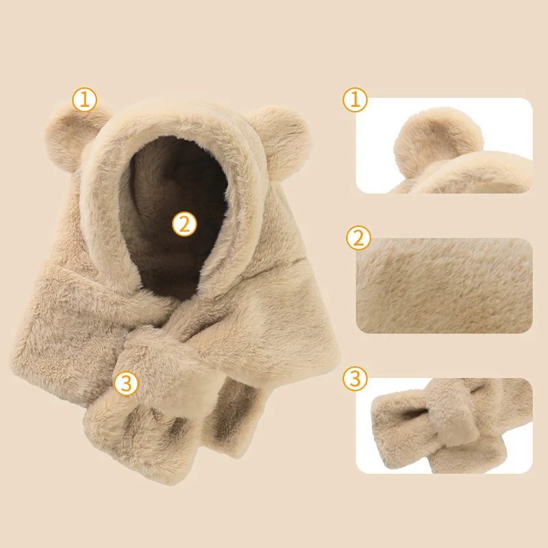 Gorro y bufanda polar con orejas de oso para bebé a prueba de viento - imagen 4