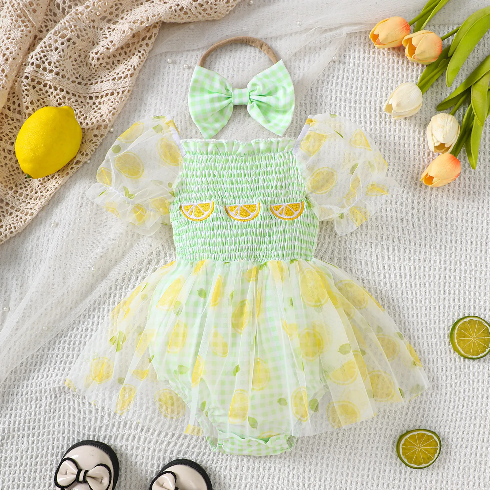 Mono de verano con bordado de tulipán para niña - Malla de encaje - imagen 2