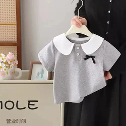 Camiseta niña manga corta con lazo estilo blusa informal verano