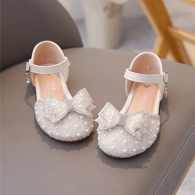 Sandalias planas estilo princesa con perlas para niñas y adolescentes