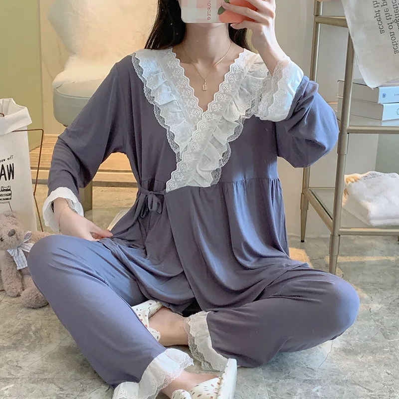 Pijamas de lactancia de modal manga larga con encaje para entretiempo - imagen 2