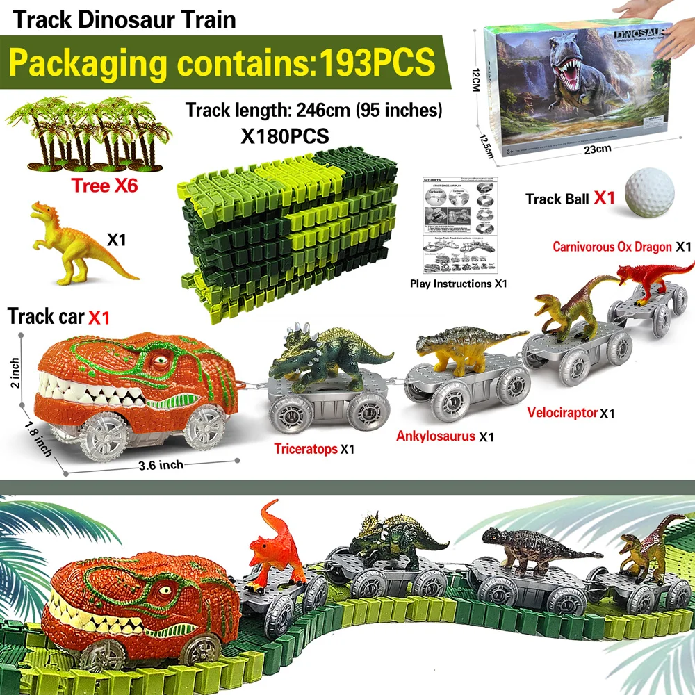 Set completo de dinosaurios y tren en pista flexible