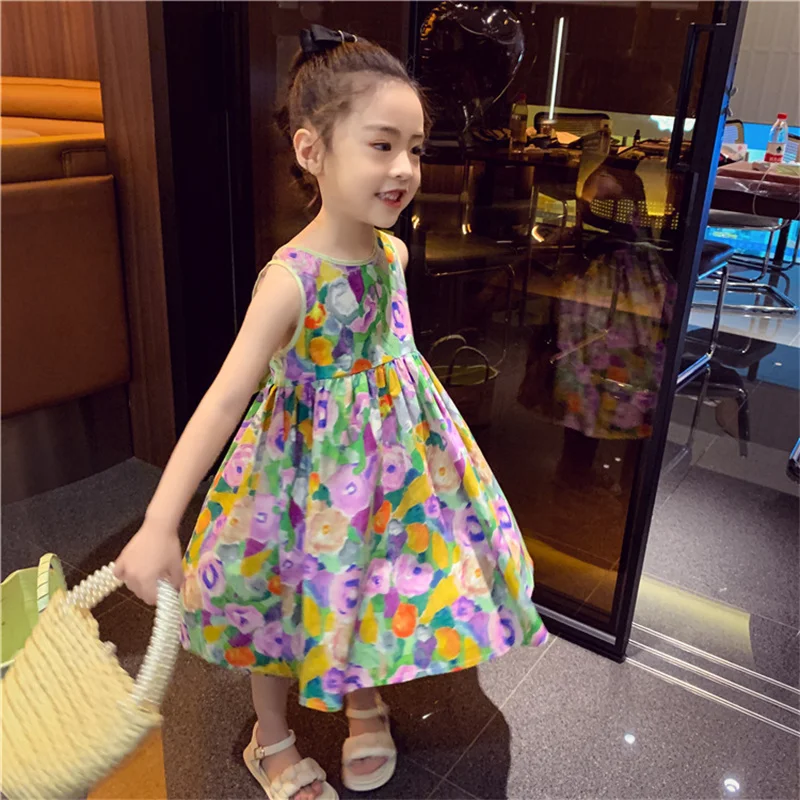 Vestido de verano floral para niñas con lazo y falda sin mangas - imagen 2