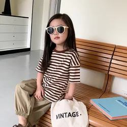 Camiseta a rayas de algodón manga corta para niños