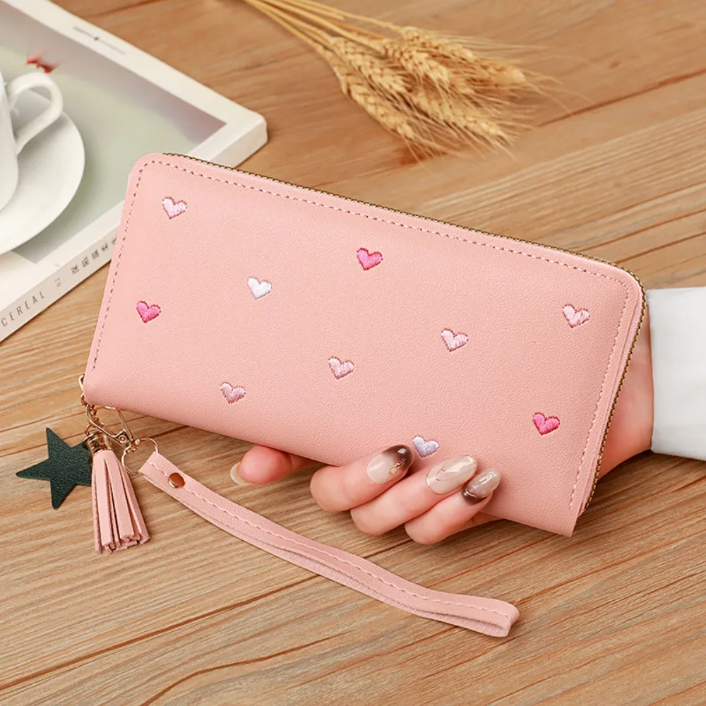Cartera larga de cuero sintético con corazón, plegable y amplia