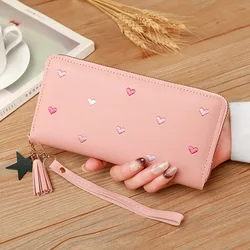 Cartera larga de cuero sintético con corazón, plegable y amplia