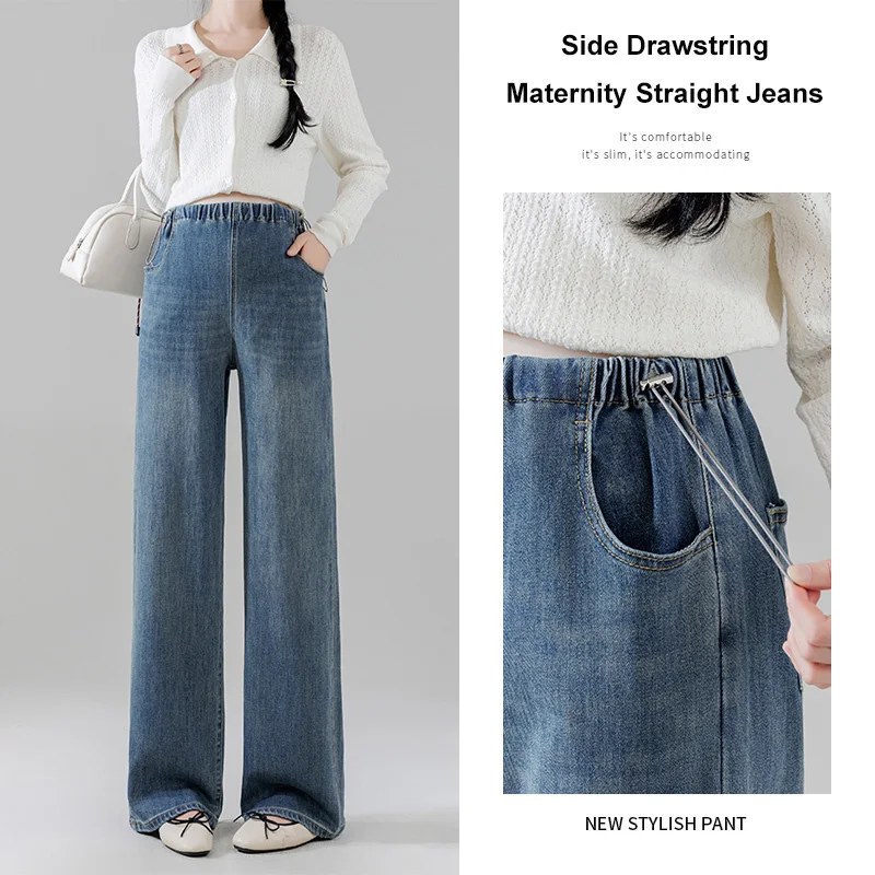Pantalones vaqueros maternidad pierna ancha con cordón cintura elástica