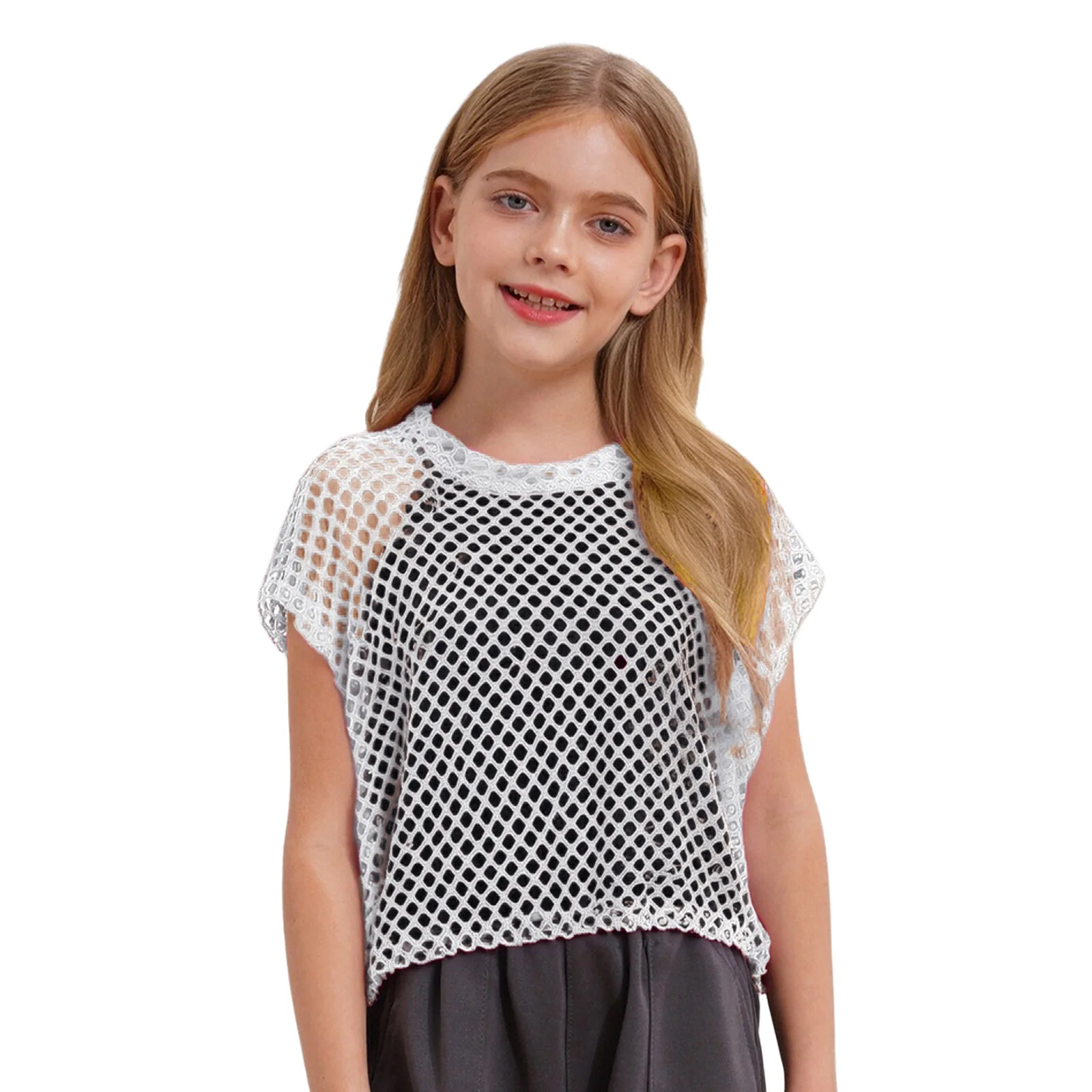 Camiseta de baile hip hop de malla calada para niñas