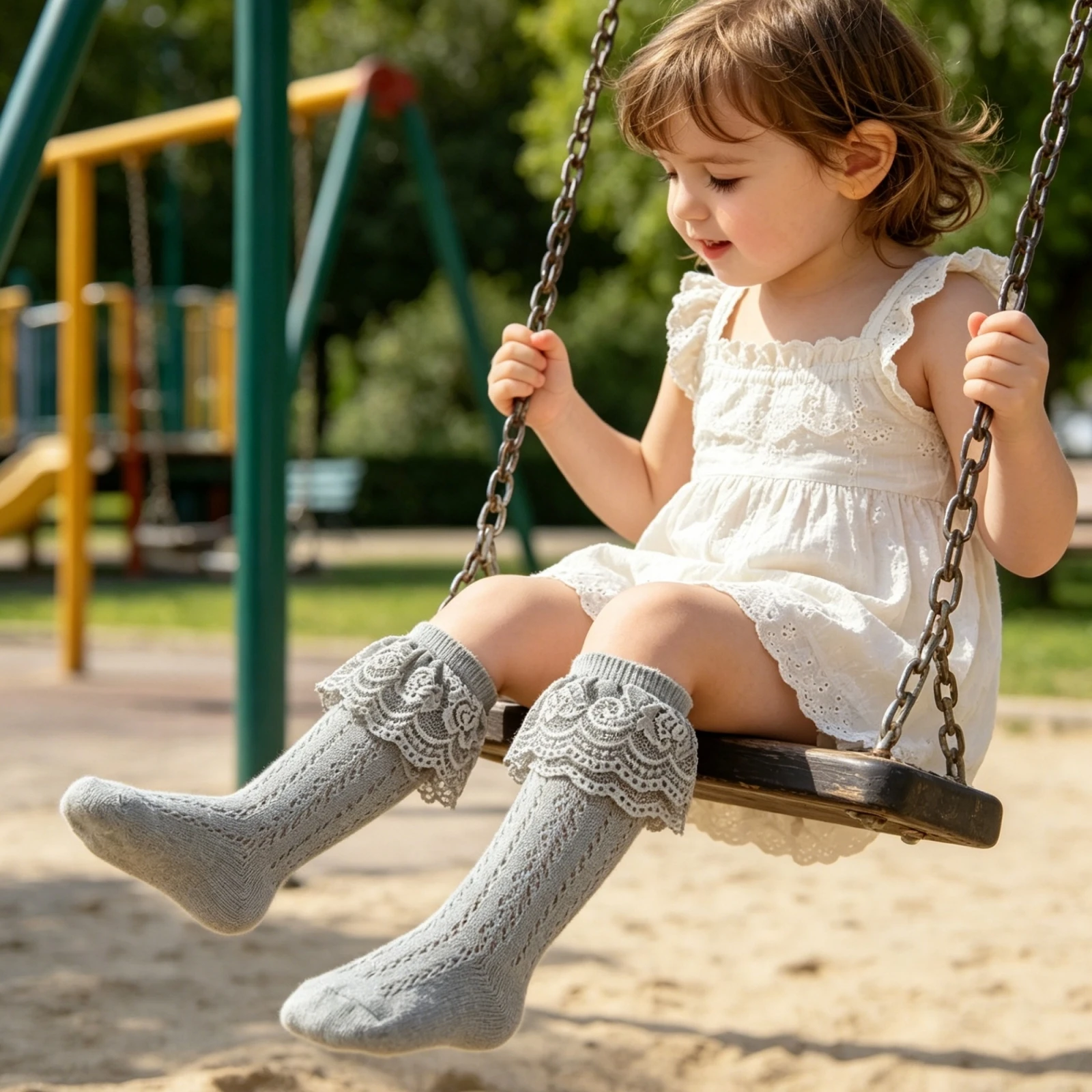 Calcetines altos hasta la rodilla con calado y volantes para niña - imagen 3