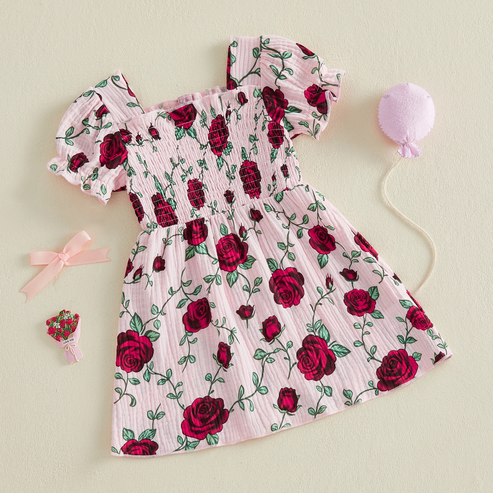 Tregren vestido de niña corte A flores plisado con cuello cuadrado - imagen 3