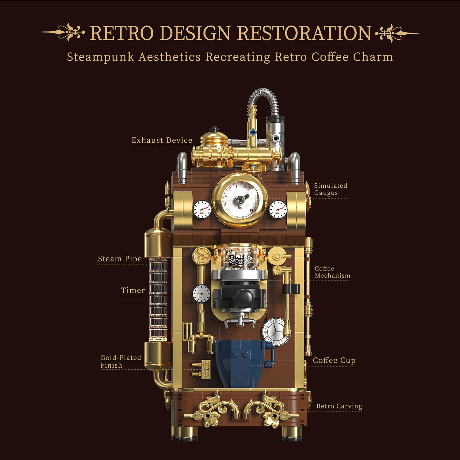 Bloques de construcción de cafetera de vapor retro con luces - imagen 5