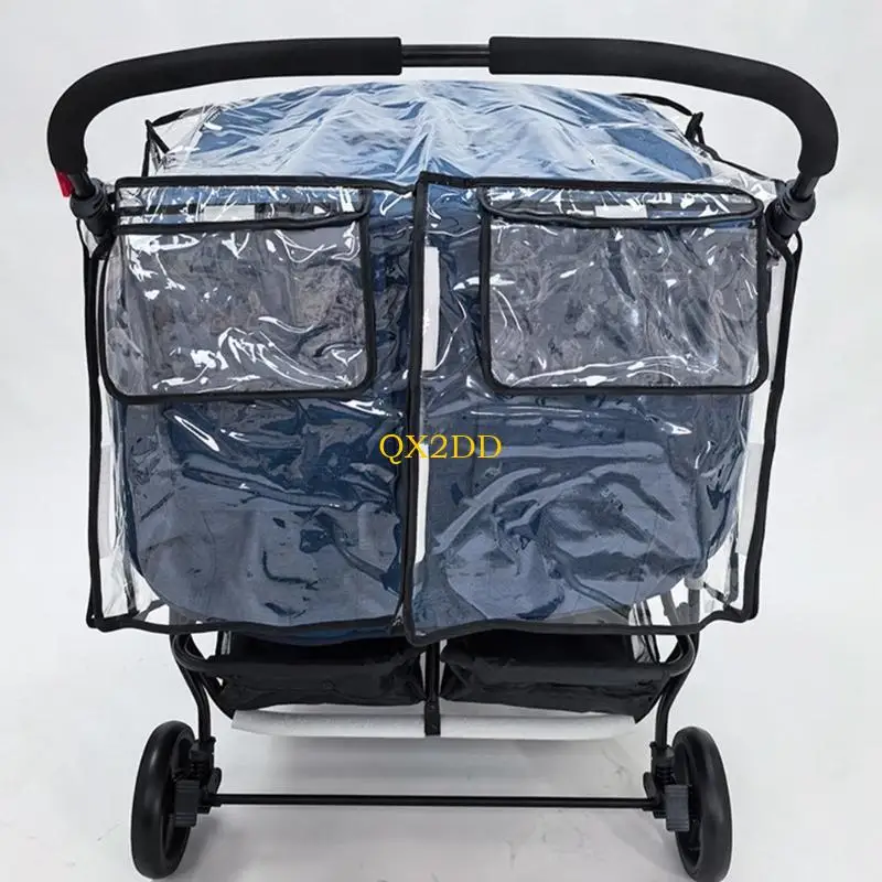 QX2D Protector de lluvia para cochecito gemelar con bolsillo