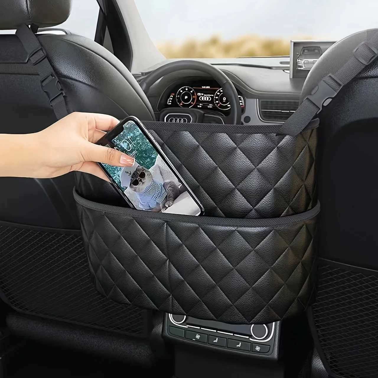 Organizador colgante para coche entre asientos con porta aperitivos