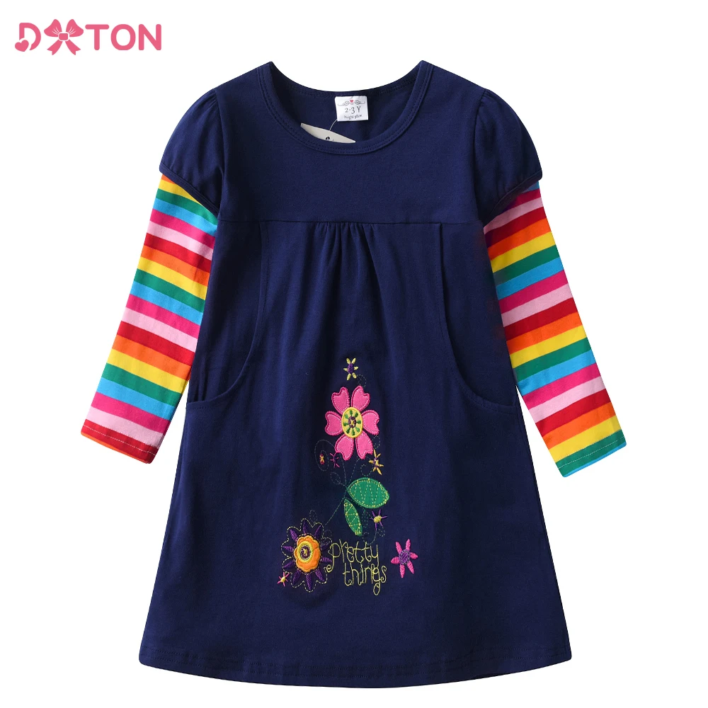 DXTON Vestido bordado de algodón para niña con flores y bolsillos