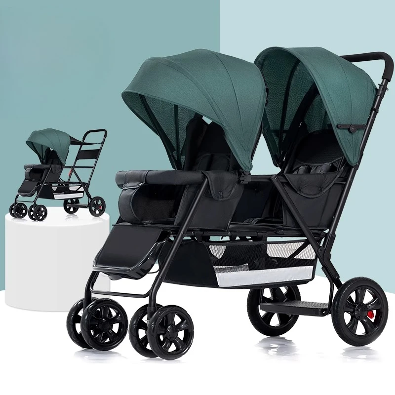 Silla de paseo gemelar tipo jogger con reclinado total y cesta