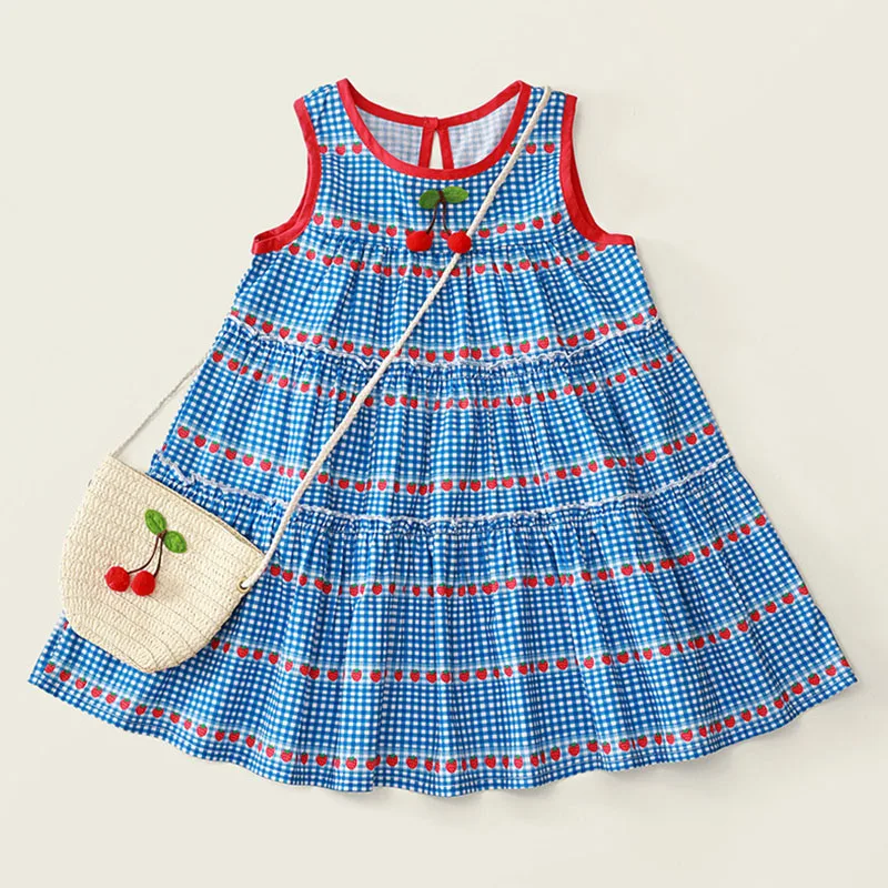 Vestido de niña sin mangas de verano a cuadros con cerezas