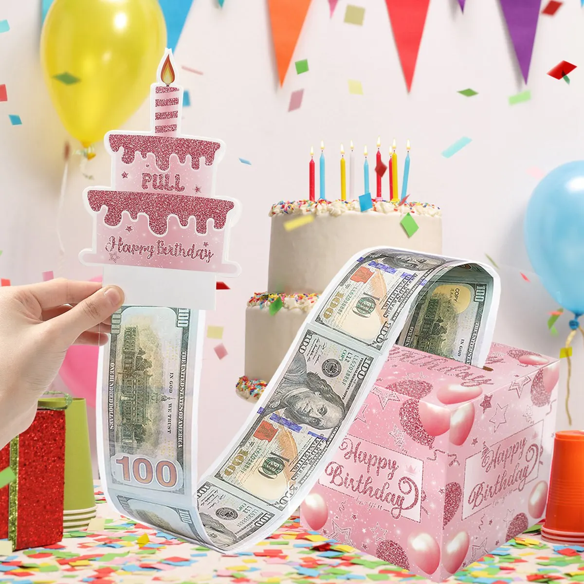 Caja regalo de cumpleaños infantil con tarjeta pastel y sorpresa