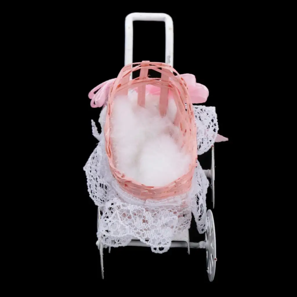 Cochecito de muñecas miniatura de tela rosa para casa