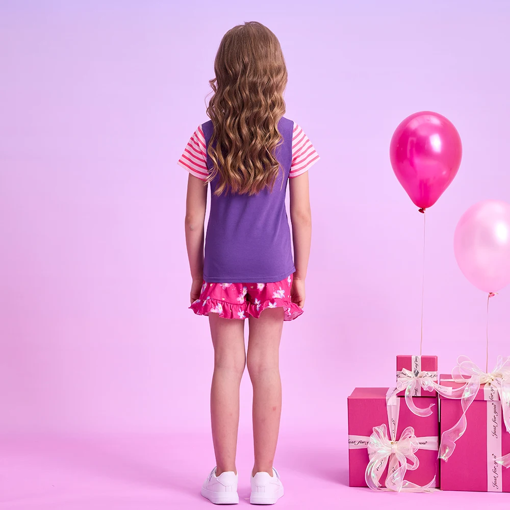 DXTON Camiseta niña de manga corta rayas y estampado unicornio - imagen 2