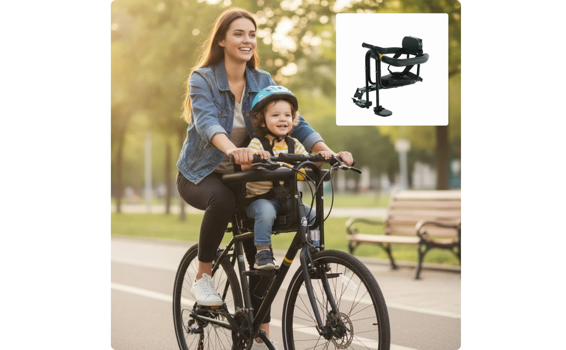Asiento delantero infantil compacto con arnés y acolchado