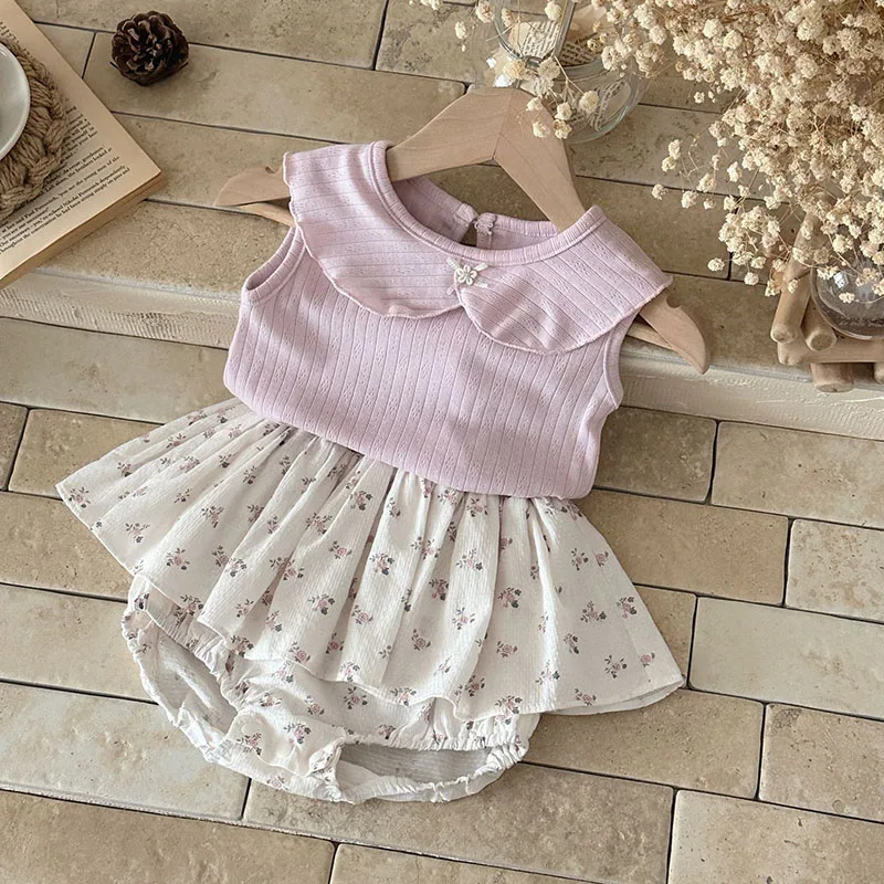 Camiseta de bebé sin mangas con rayas y estampado floral - imagen 2