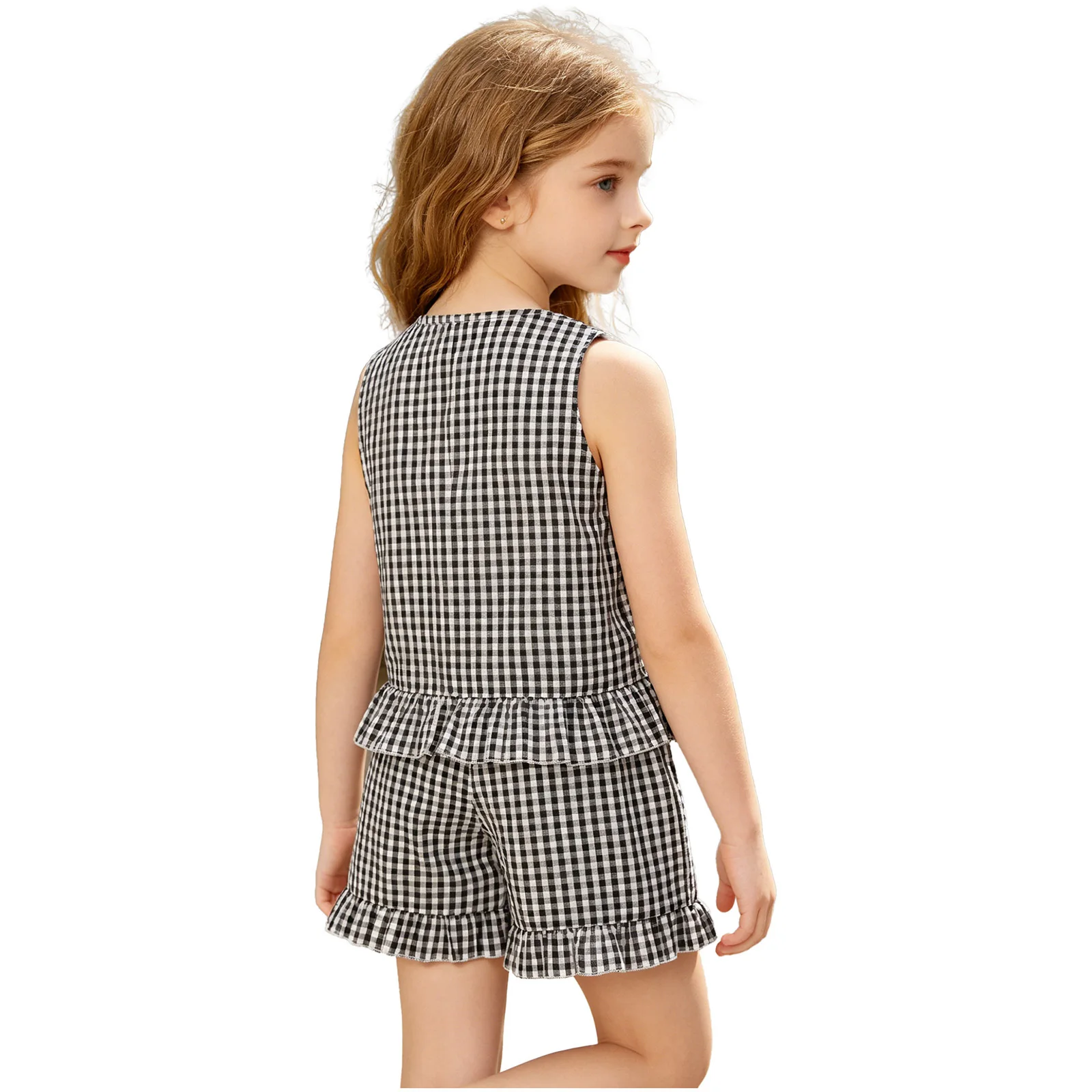 Conjunto de niña a cuadros verano con camisa sin mangas y bermudas - imagen 3