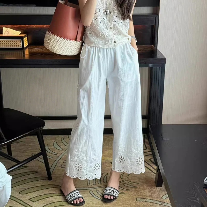 Pantalones de maternidad verano pierna recta con bordado y cordón - imagen 5