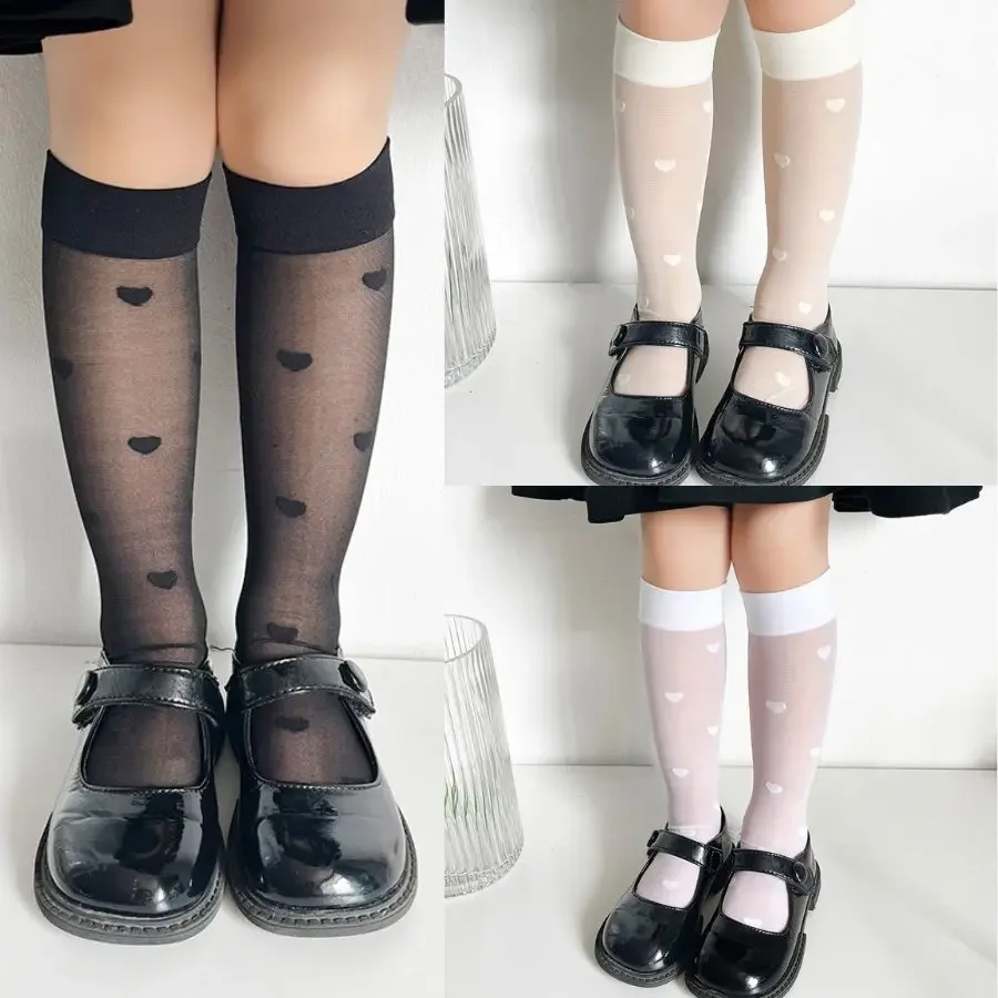 Calcetines infantiles hasta la rodilla para niñas con lazo y corazón