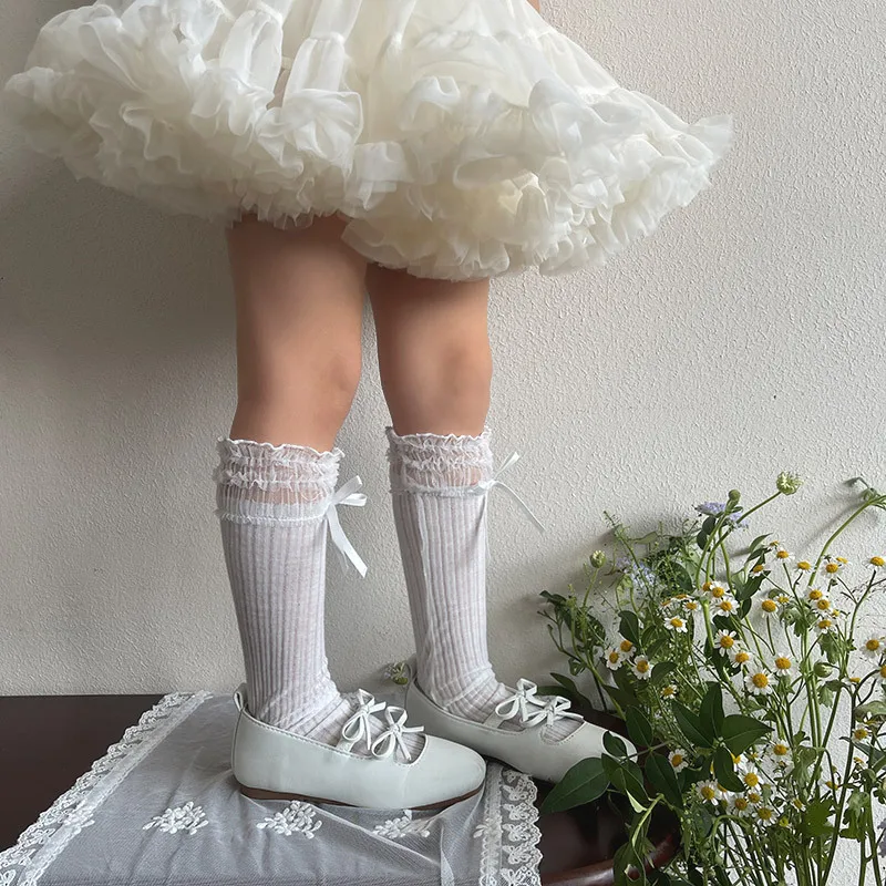 Calcetines altos de encaje con lazo y volantes para niñas respirables - imagen 5