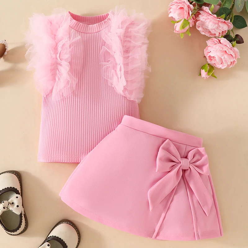 Conjunto verano niña encaje de algodón sin mangas pantalón corto lazo - imagen 4