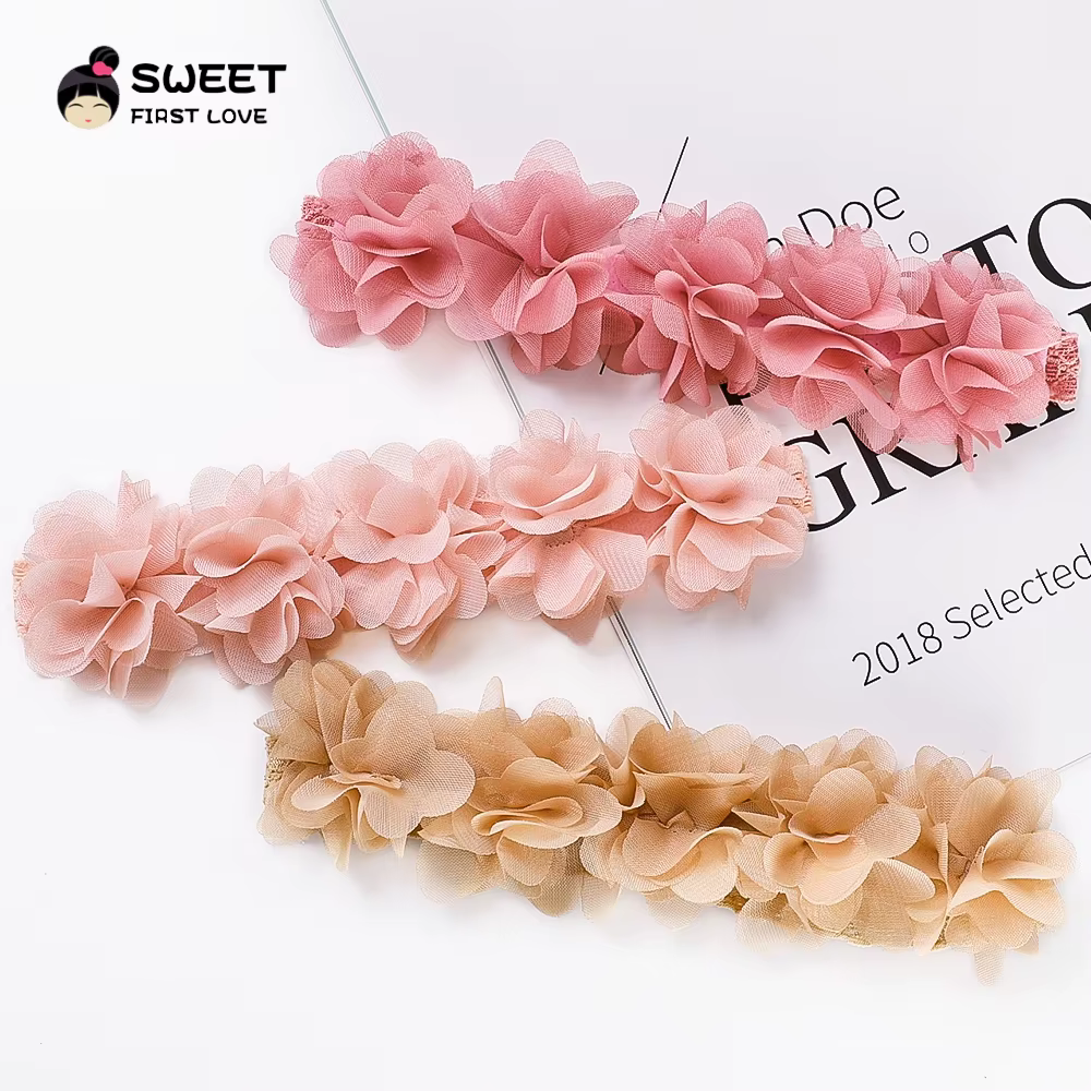 Diadema rosa con flores para bebé - Hecha a mano en gasa - imagen 3