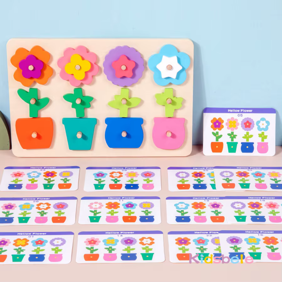 Puzle Montessori de madera con formas geométricas florales - imagen 5